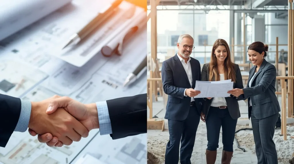 Profissionais discutindo projeto arquitetônico em canteiro de obras com plantas e ferramentas técnicas.