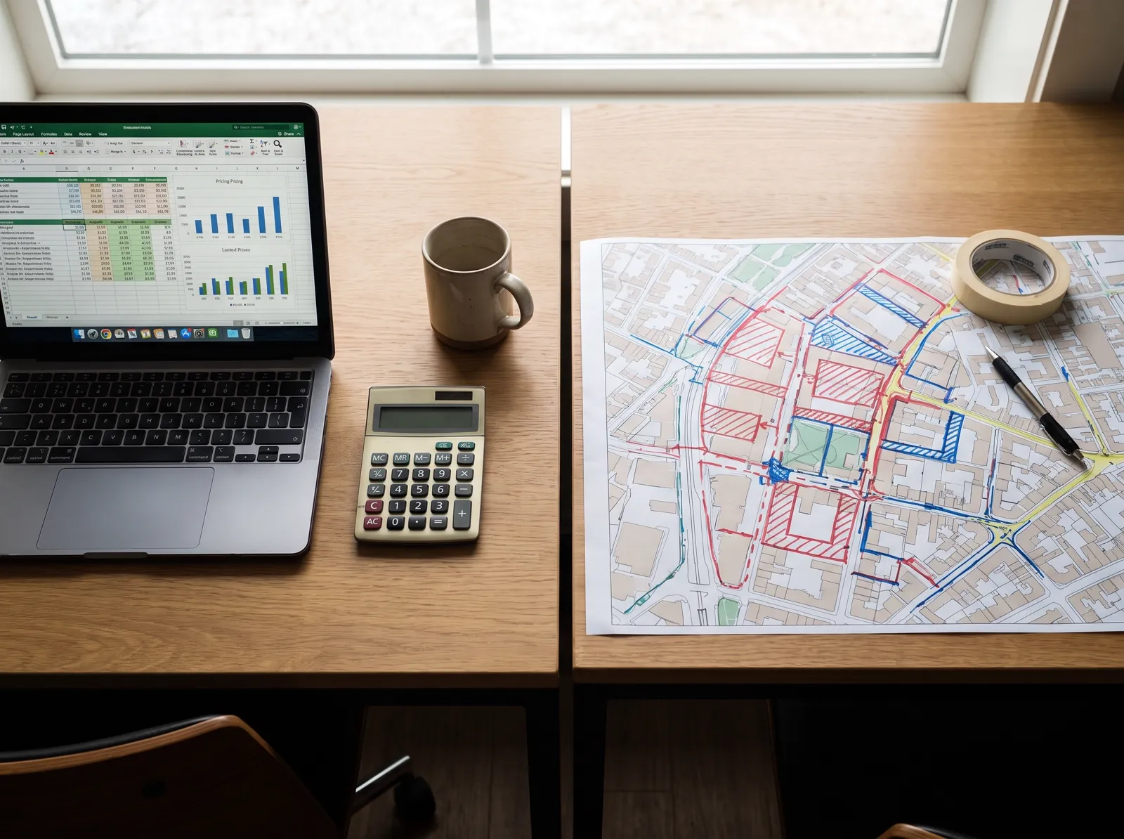diferença entre cotação de preços e mapeamento de obras em duas mesas de trabalho