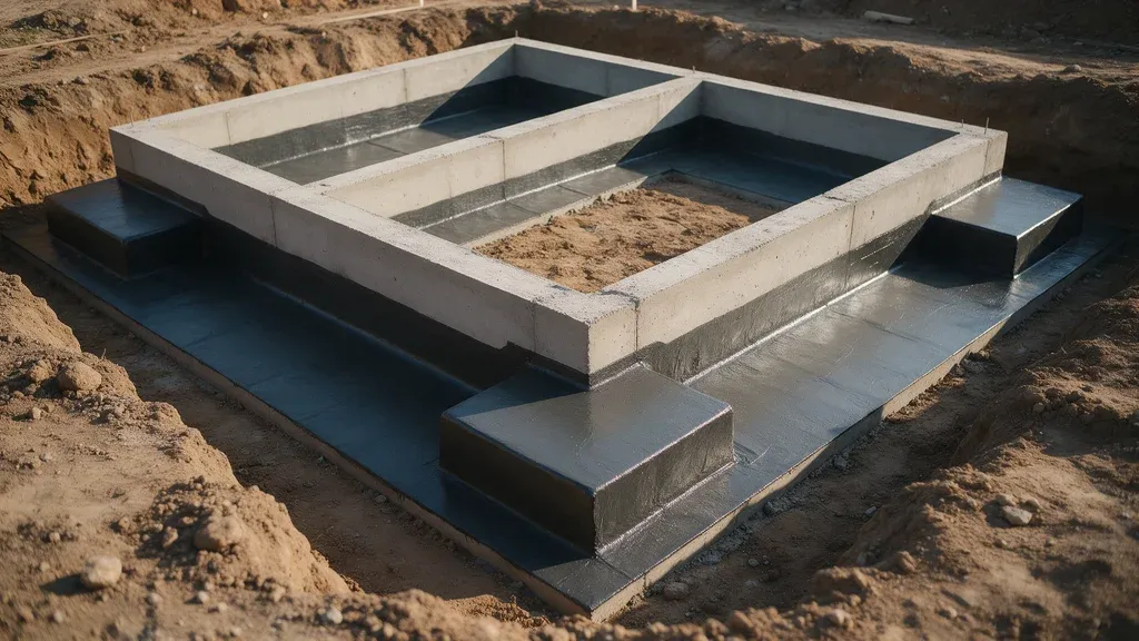 impermeabilização de fundação em obra em andamento, com sapatas e baldrame protegidos antes do reaterro