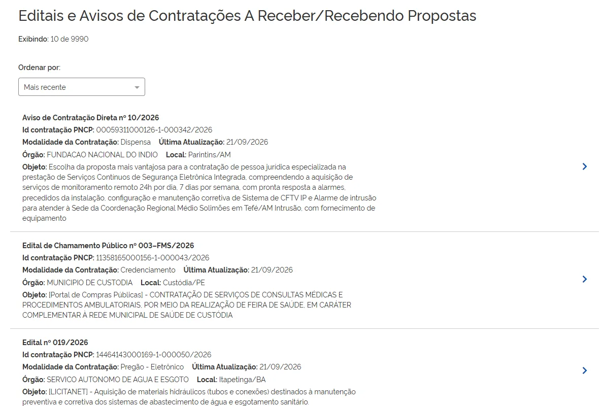 lista de editais em fase de recebimento de propostas no PNCP com órgão, local e objeto