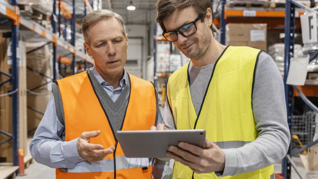 funil de vendas construção civil: equipe comercial analisando oportunidades em um tablet no depósito