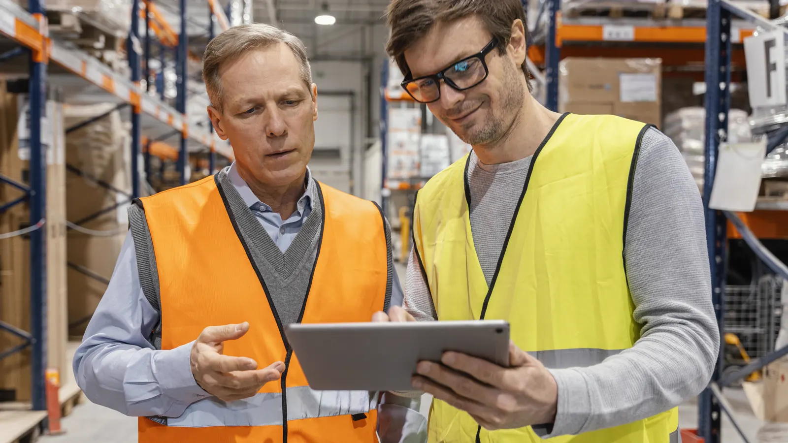 Equipe comercial analisando o funil de vendas em um tablet funil de vendas construção civil: equipe comercial analisando oportunidades em um tablet no depósito