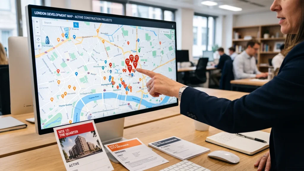 Mapa de cidade em tela de computador com pinos marcando obras e fichas de empreendimentos ao lado
