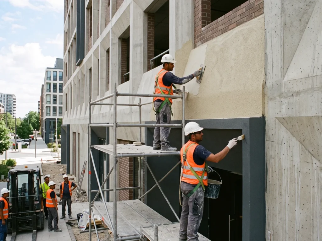 Edifício residencial em obra com fachada quase pronta e andaimes sendo retirados dos últimos pavimentos