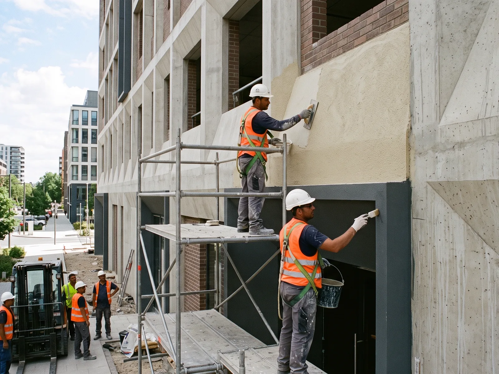 Edifício residencial em obra com fachada quase pronta e andaimes sendo retirados dos últimos pavimentos