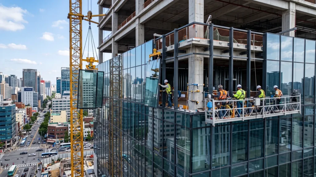 Operários instalando módulos de fachada cortina de vidro em uma torre corporativa em construção