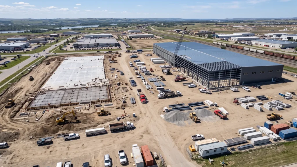 Vista aérea de dois galpões industriais em construção, um na fundação e outro com estrutura metálica fechada