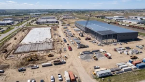 Vista aérea de dois galpões industriais em construção, um na fundação e outro com estrutura metálica fechada