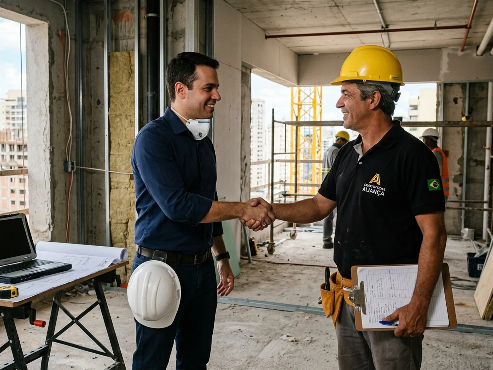 Aperto de mão entre representante comercial e dono de uma construtora em escritório no interior